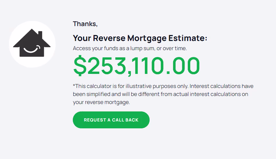 Screenshot of RetireBetter's reverse mortgage calculator results. Clean format and easy to understand.