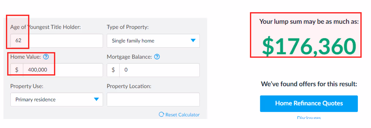 A screenshot showing possible loan amount using an American reverse mortgage calculator. Results differ from Canadian reverse mortgage calculators by approximately 15%.