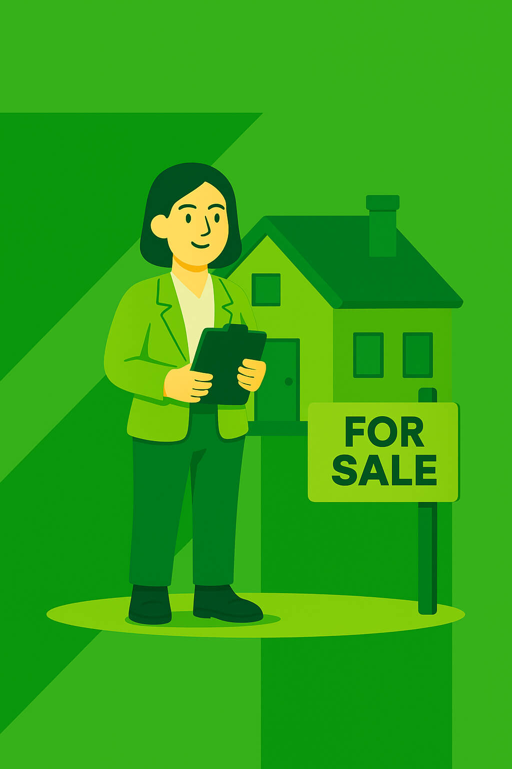 Flat style illustration of an androgynous realtor holding a clipboard, standing in front of a branded vehicle. Real estate marketing graphic in Setsail’s green brand colours.