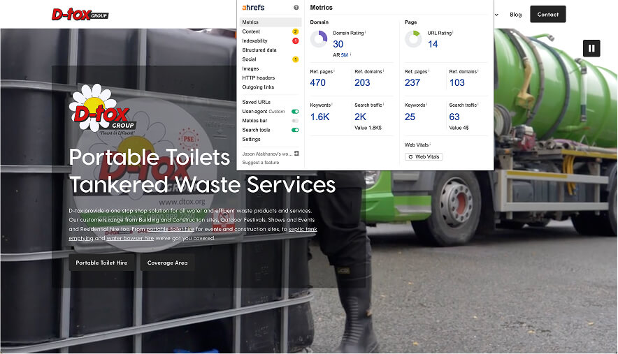 D-Box website audit by SEO and PPC agency, highlighting untapped local SEO, PPC services, and content marketing for portable toilets and waste management