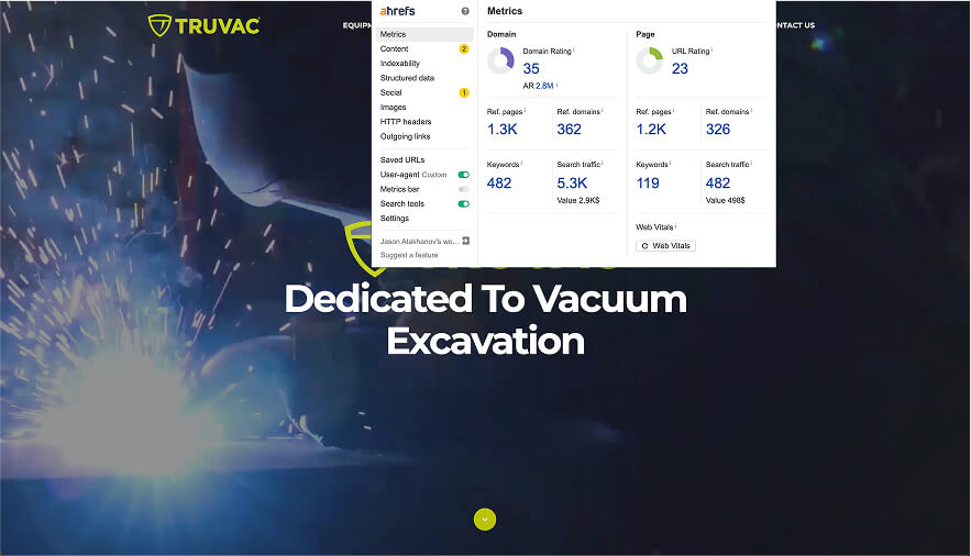 TRUVAC website audit by digital marketing agency showing missed SEO services, content marketing opportunities, and weak rankings for vacuum excavation

