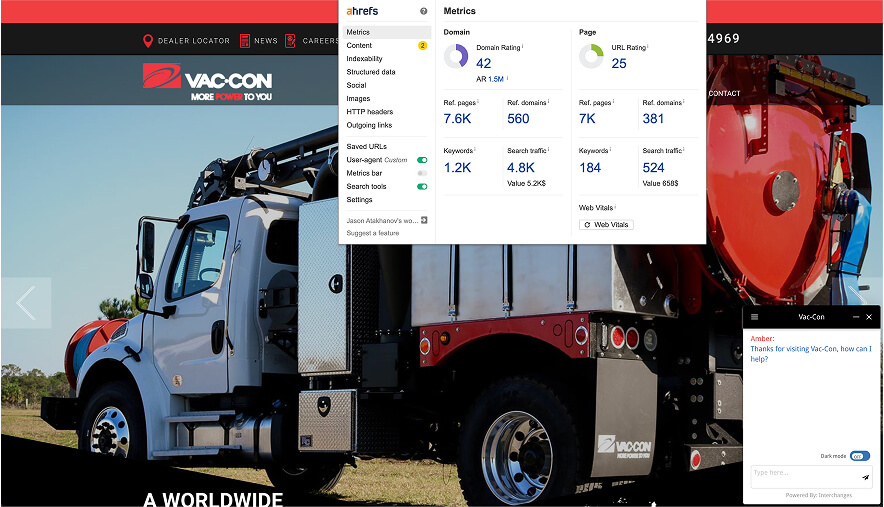 VAC-CON site review by web development agency and digital marketing experts, revealing low visibility for commercial keywords and content marketing gaps