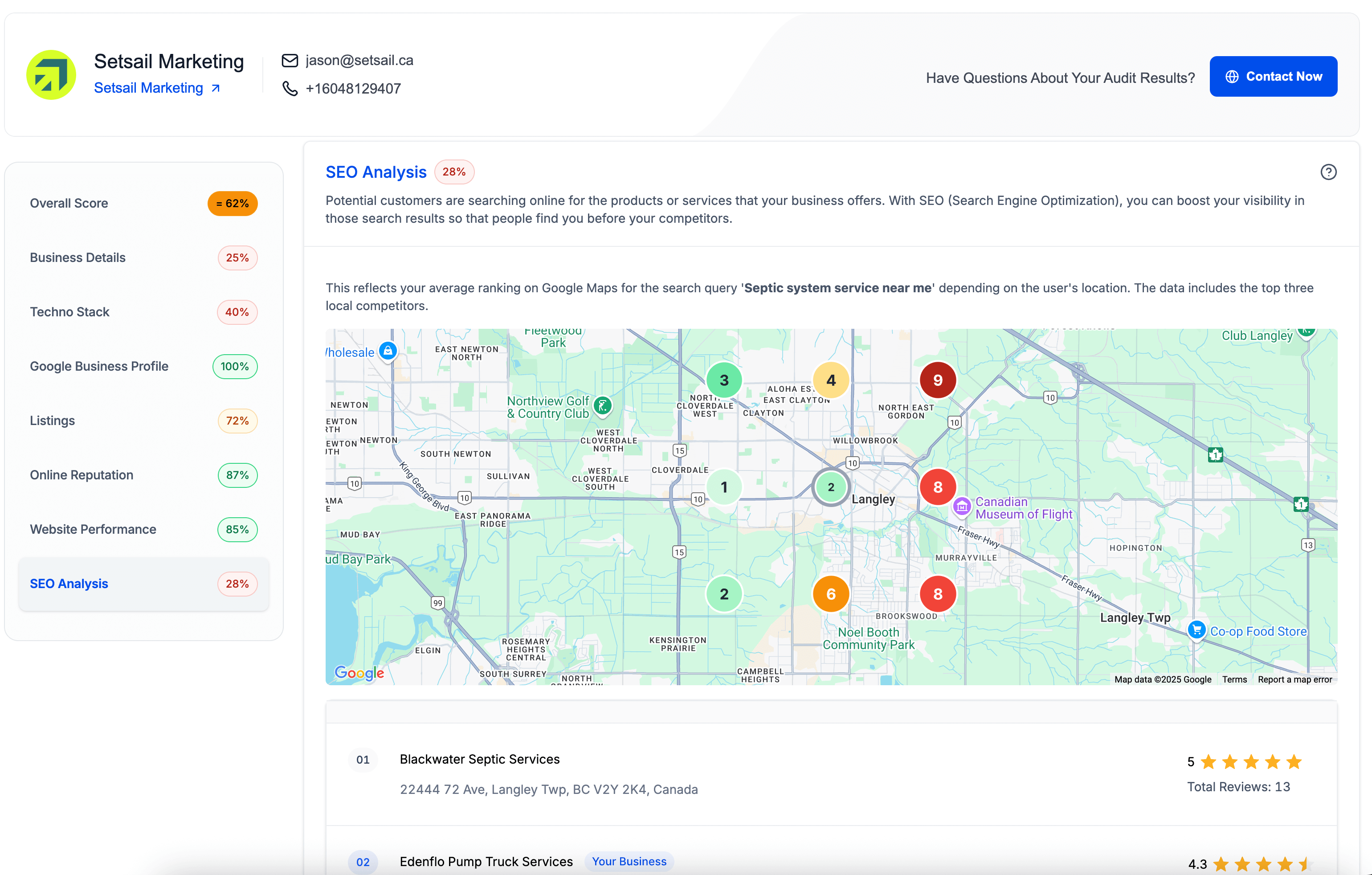 Local SEO analysis for EdenFlo by Vancouver digital marketing agency, showing Google Maps rankings for septic system service and recommendations for SEO services