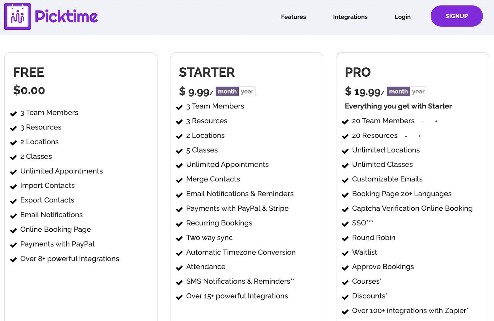 Picktime Pricing Plans | Calendly Alternative