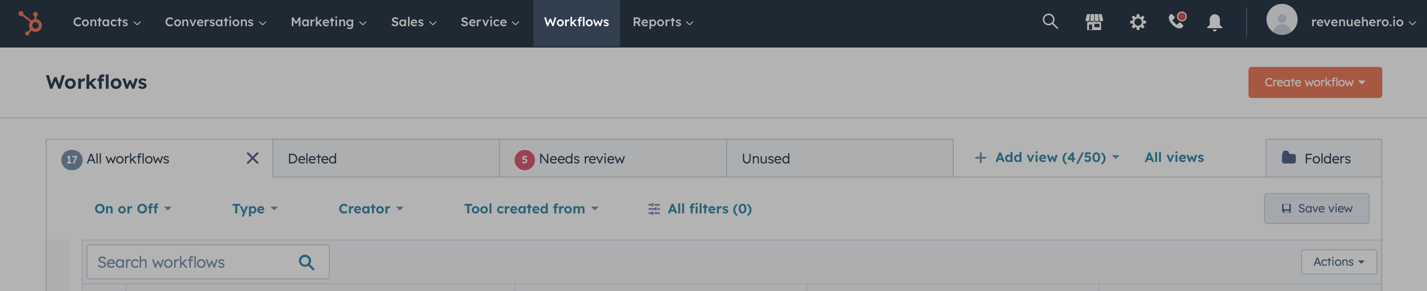 Select Workflows from the top nav bar in HubSpot