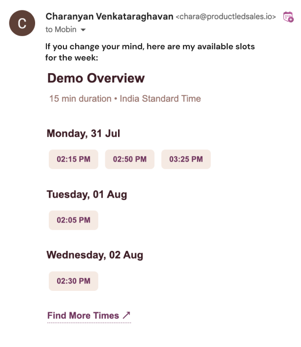 A screenshot of RevenueHero’s embedded meeting slots feature.