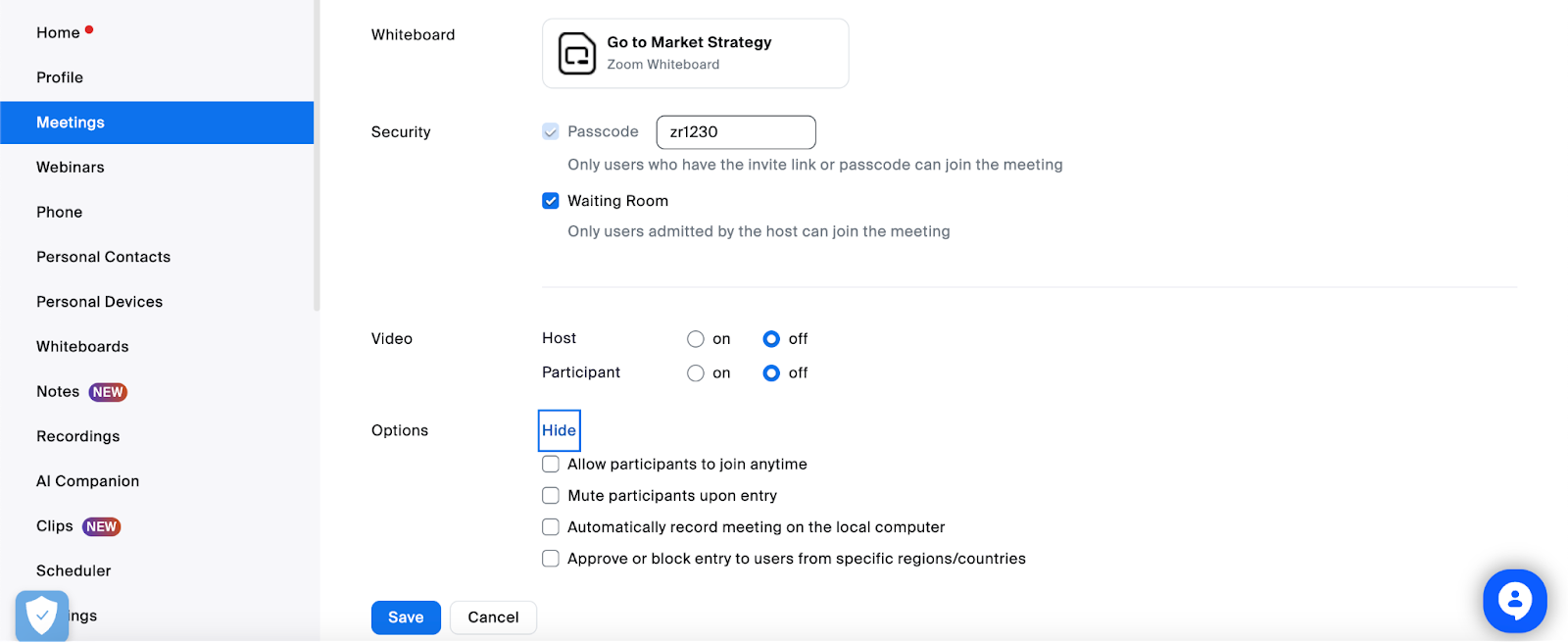 A screenshot of Zoom’s advanced meeting scheduling options.