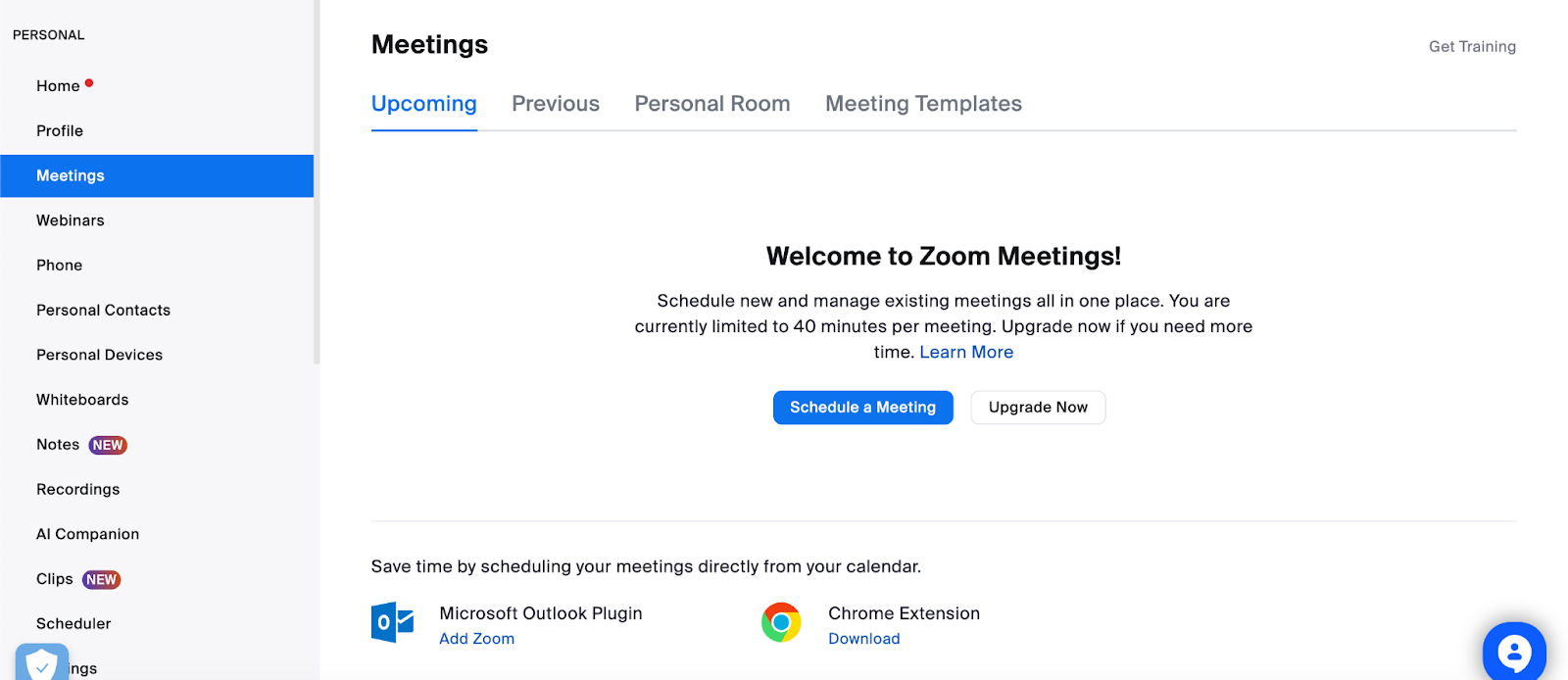 A screenshot that shows Zoom’s Meetings tab.