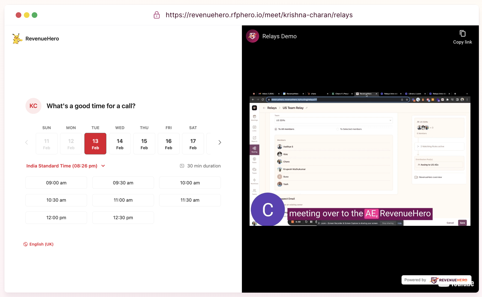 A screenshot of RevenueHero’s personal meeting link with embedded video. 