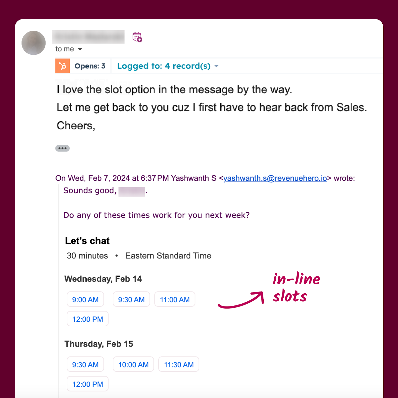 A screenshot of RevenueHero’s in-line meeting slots, where sales reps can embed their calendar slots within a sales outreach email.