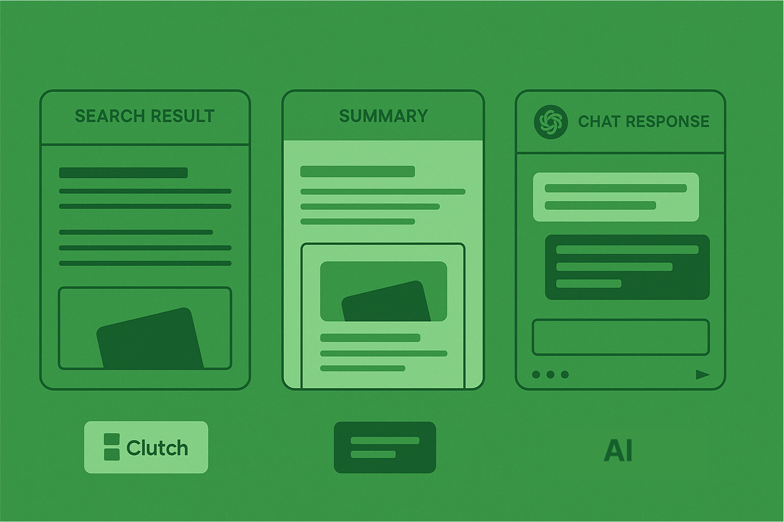 Side-by-side layout comparing traditional SEO results, AI-generated summaries, and chat responses