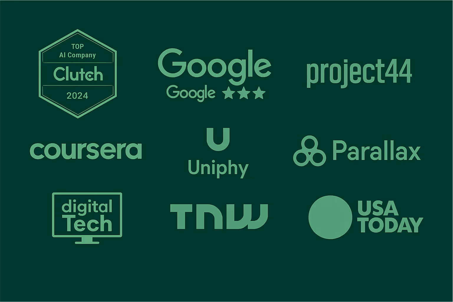 Trust signals montage with generic badges and review icons representing GMB, Clutch, and featured-in credibility