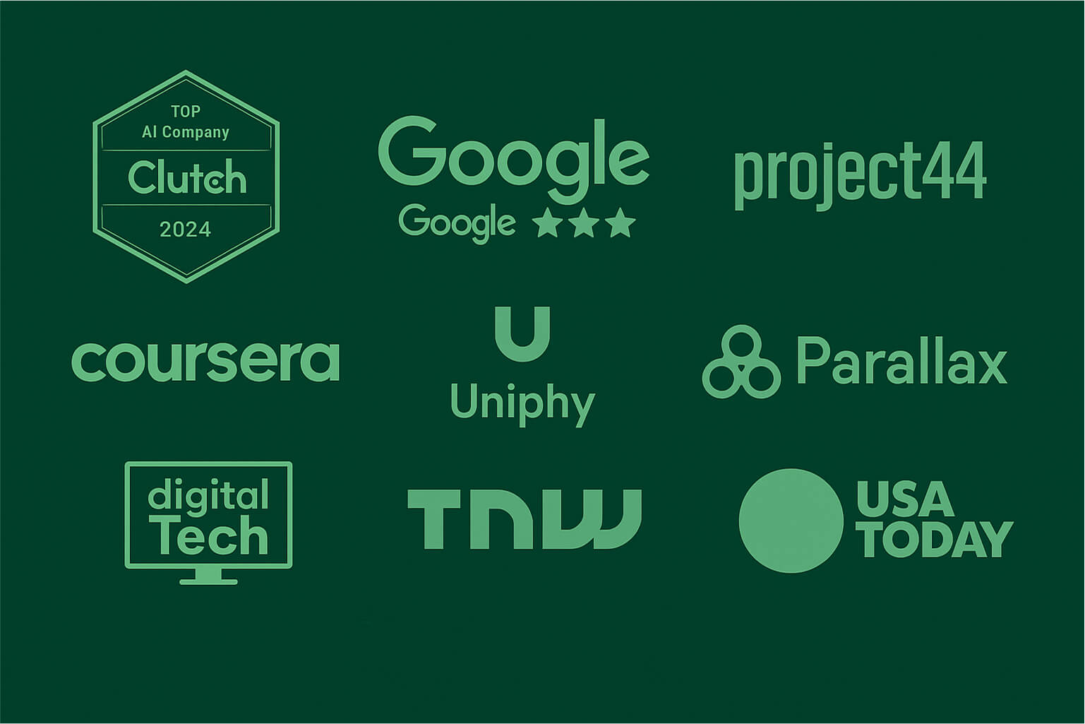 Trust signals montage with generic badges and review icons representing GMB, Clutch, and featured-in credibility