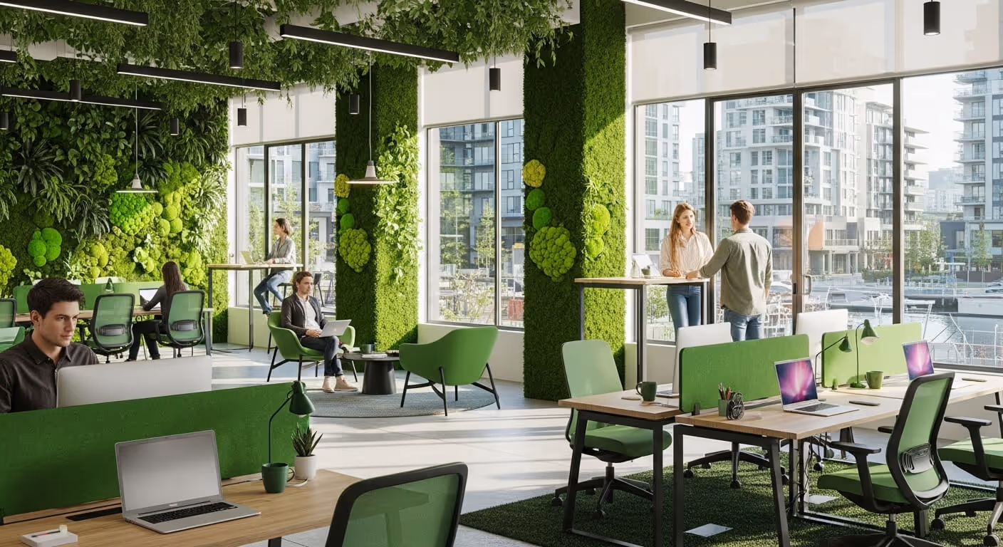 Vancouver marketing agency workspace: Sustainable office design, green walls, creative team collaborating by False Creek, modern business setting