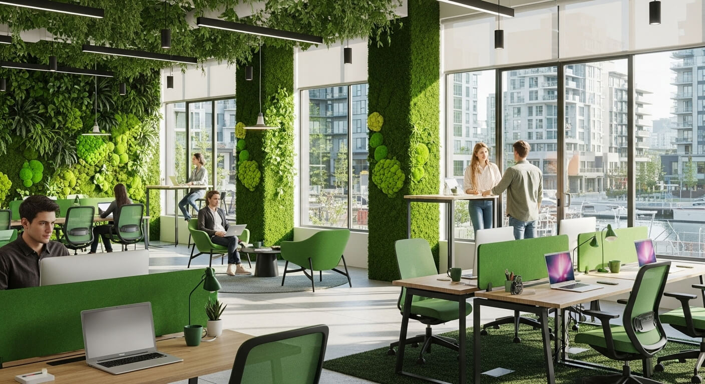 Vancouver marketing agency workspace: Sustainable office design, green walls, creative team collaborating by False Creek, modern business setting