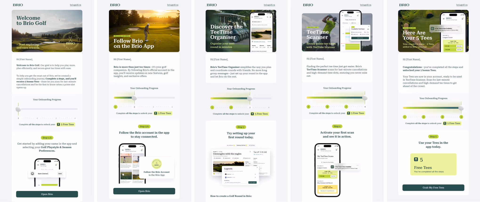 onboarding emails for Brio Golf app designed by Vancouver marketing agency to boost user engagement