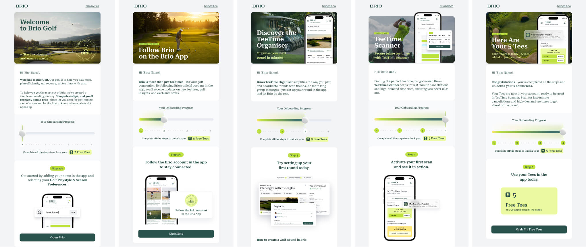 onboarding emails for Brio Golf app designed by Vancouver marketing agency to boost user engagement
