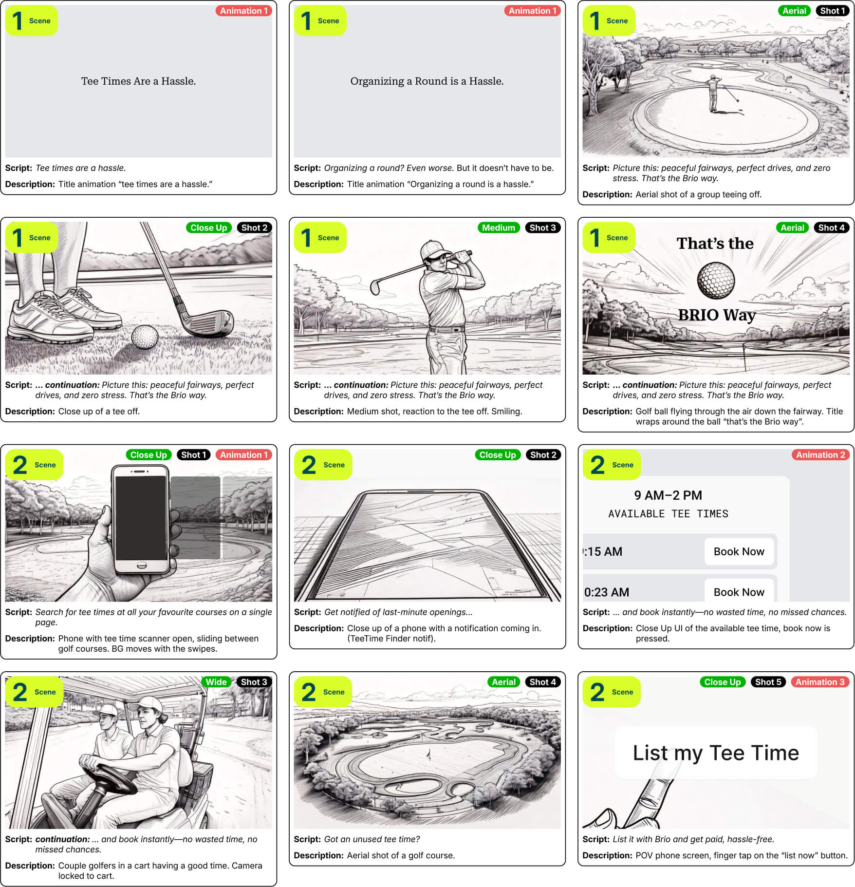 storyboard sketches showing golf app video concept designed by Vancouver marketing agency for Brio Golf