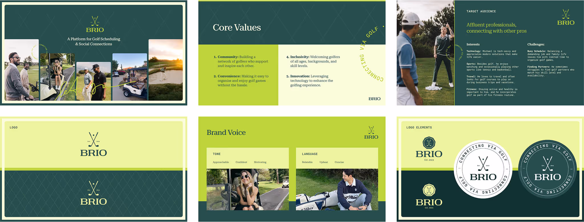 brand guidelines showing Brio Golf logo, values, and voice developed by Vancouver digital marketing agency