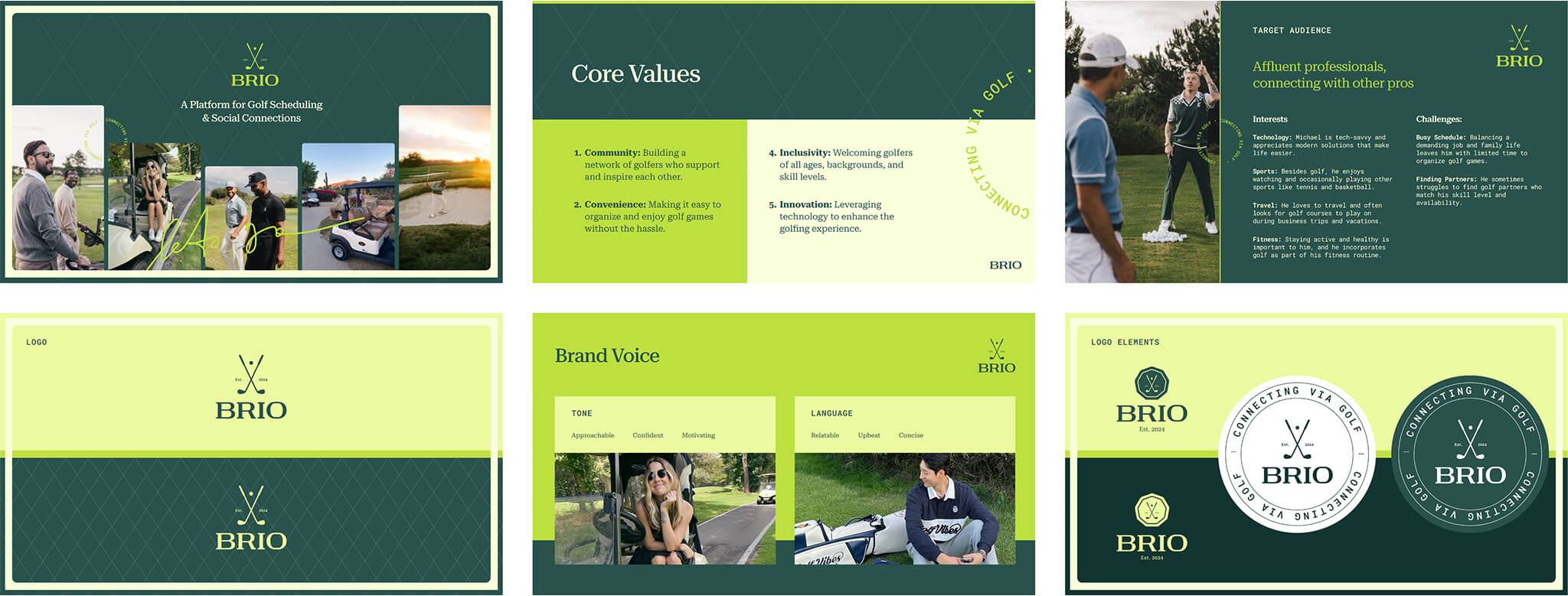 brand guidelines showing Brio Golf logo, values, and voice developed by Vancouver digital marketing agency