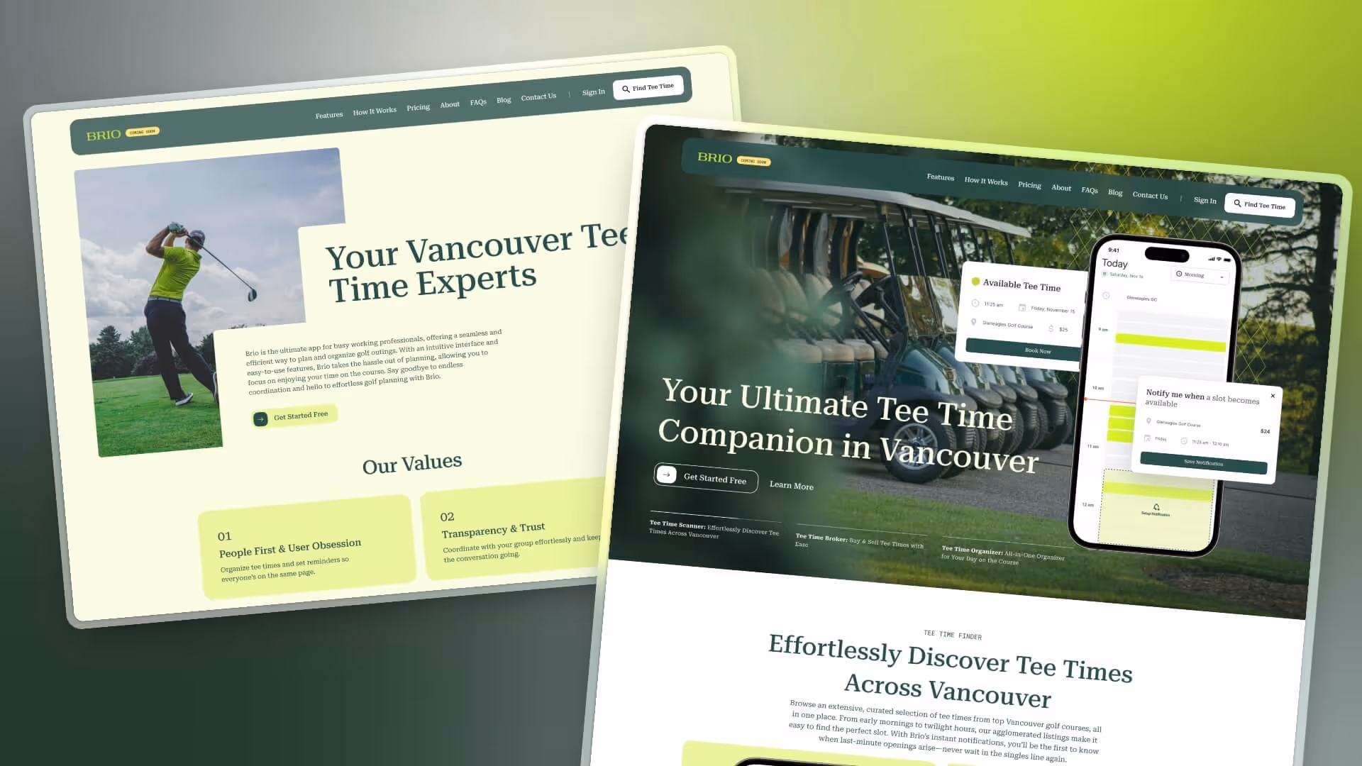 website landing pages for Brio Golf app designed by Vancouver marketing agency to drive downloads and conversions
