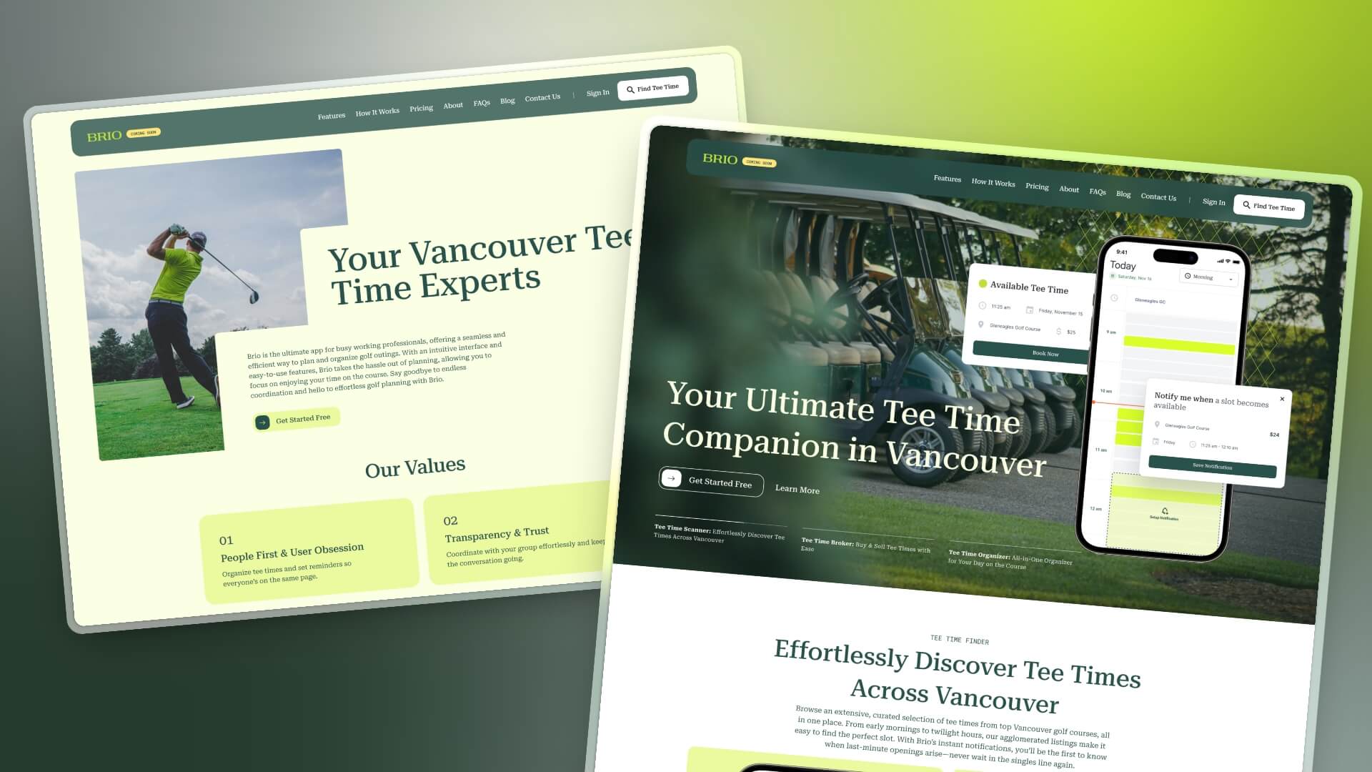 website landing pages for Brio Golf app designed by Vancouver marketing agency to drive downloads and conversions