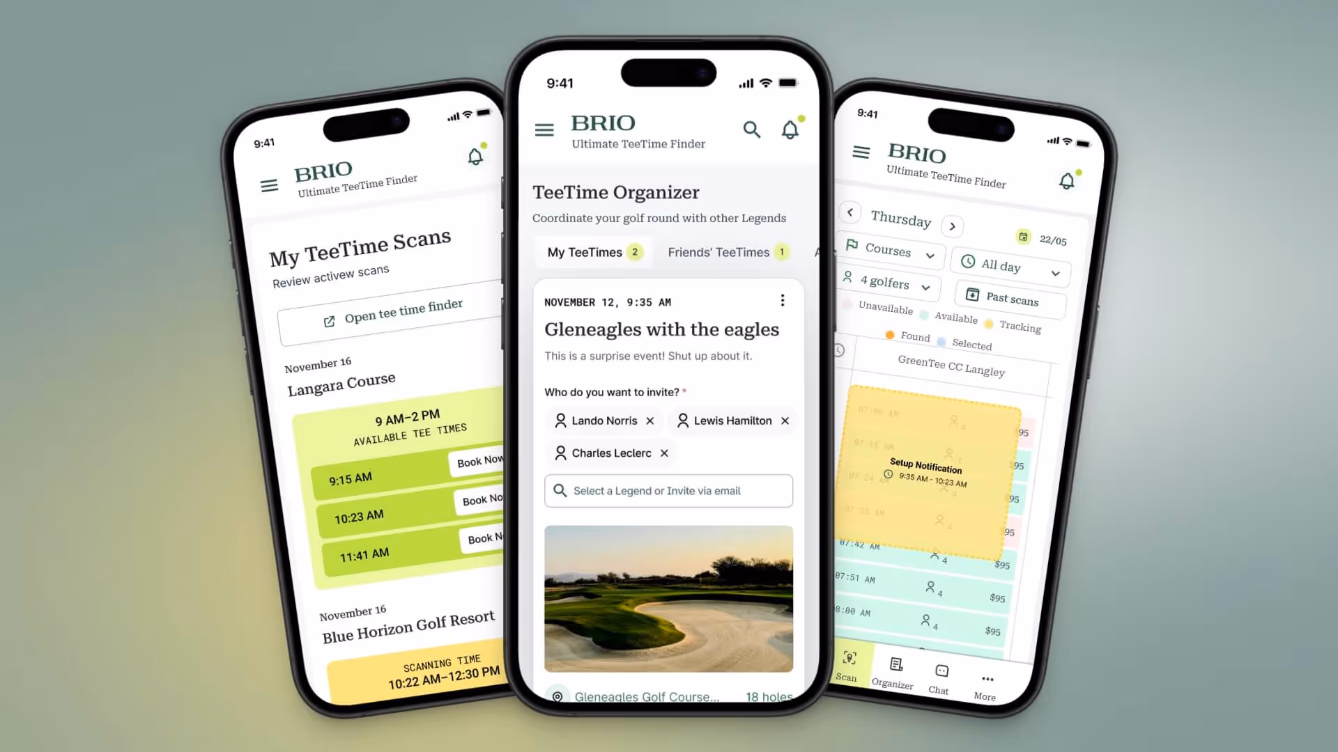 mobile app screens for Brio Golf showing tee time booking features created by Vancouver app design agency