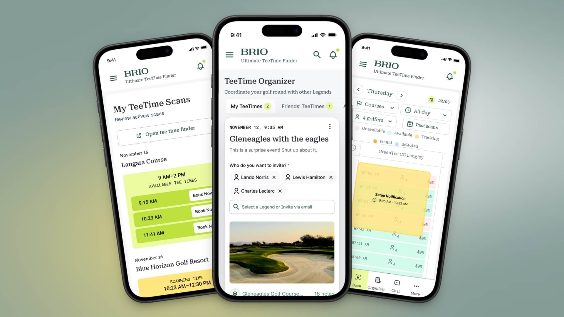 mobile app screens for Brio Golf showing tee time booking features created by Vancouver app design agency