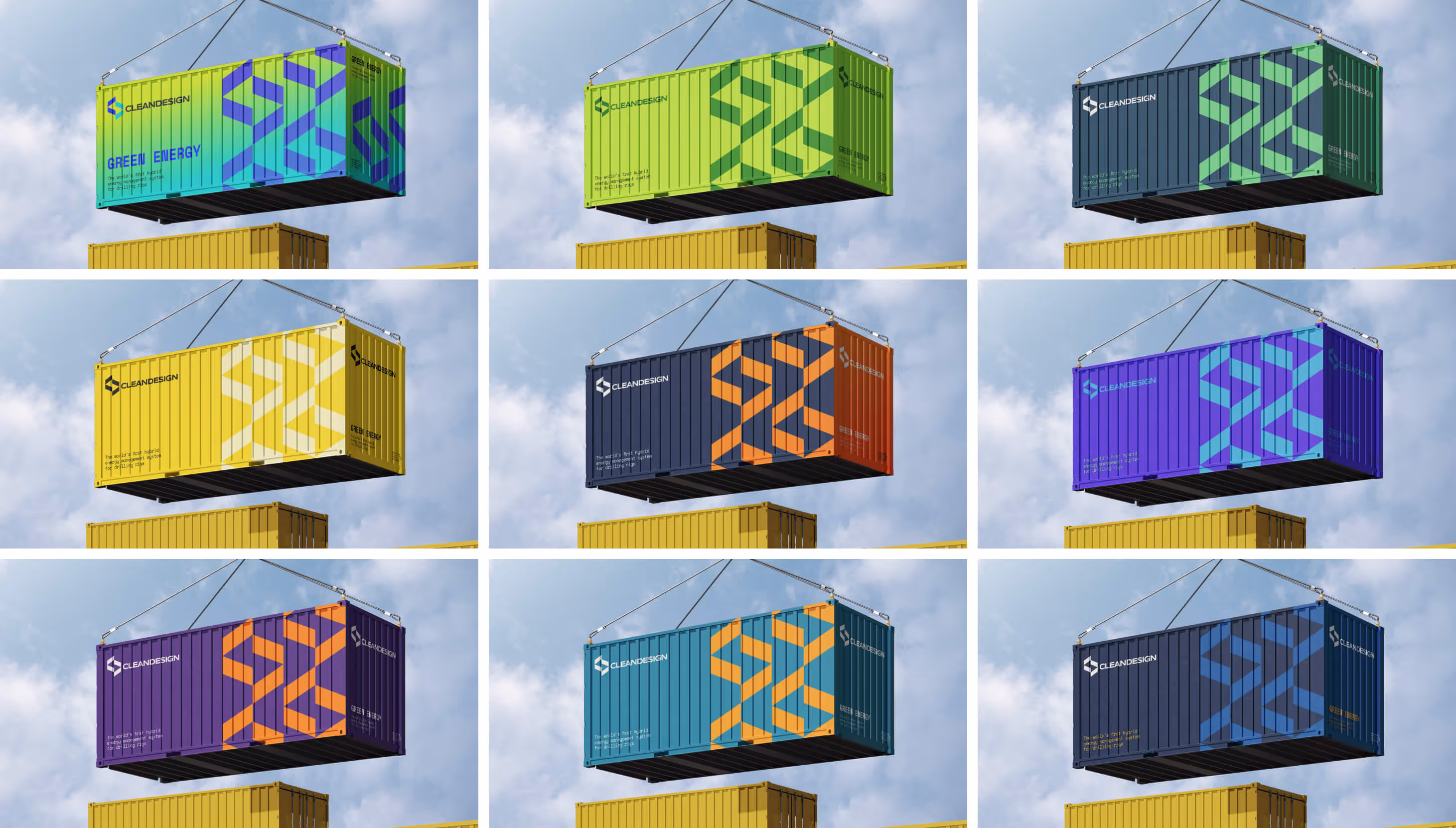 Branded shipping containers designed by Setsail Marketing, showcasing CleanDesign’s visual identity and clean energy branding strategy.
