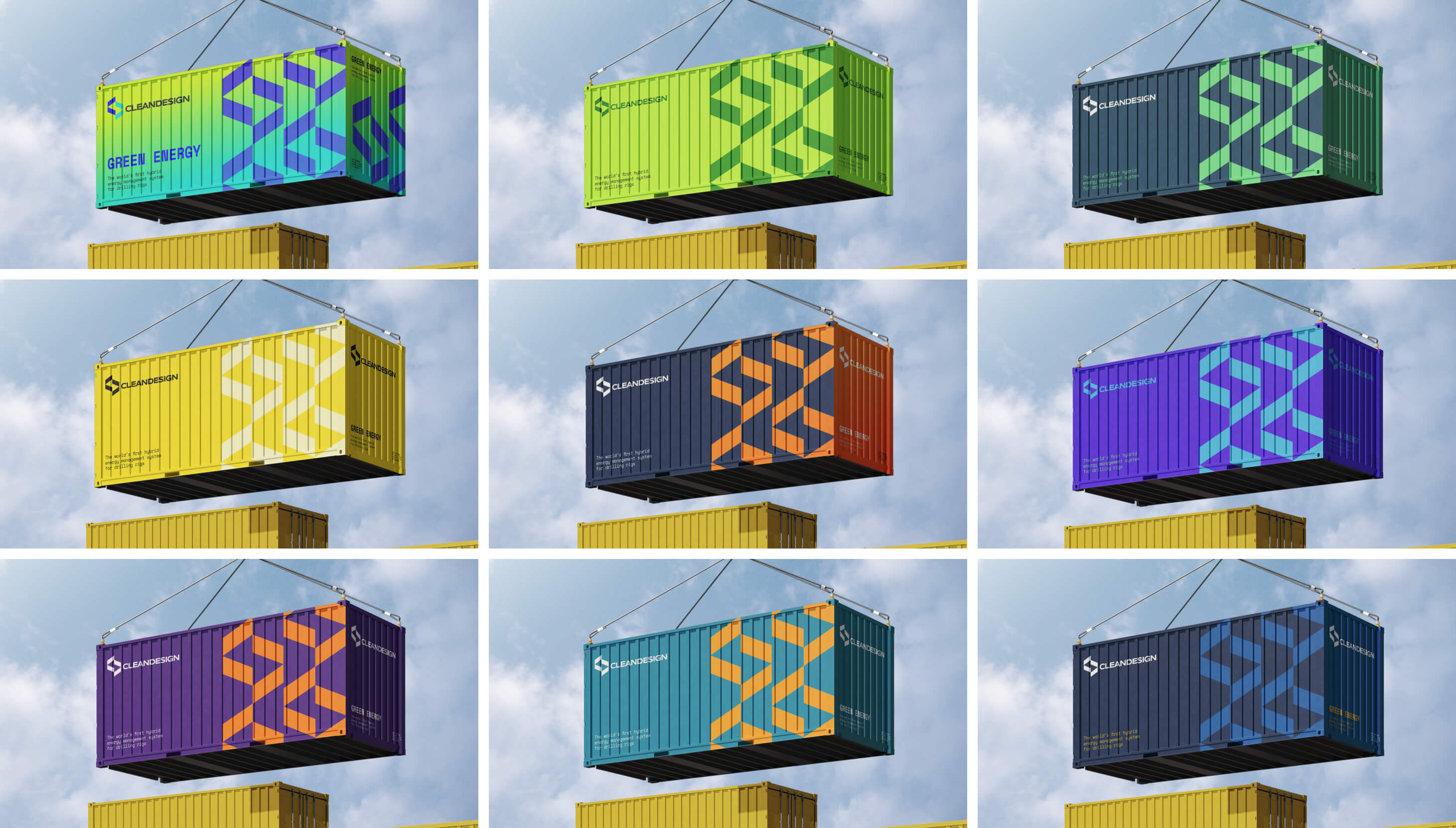 Branded shipping containers designed by Setsail Marketing, showcasing CleanDesign’s visual identity and clean energy branding strategy.
