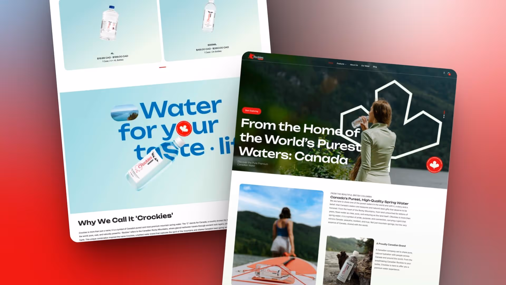 Webflow website design and branding for Crockies bottled water highlighting Canadian premium beverage identity.
