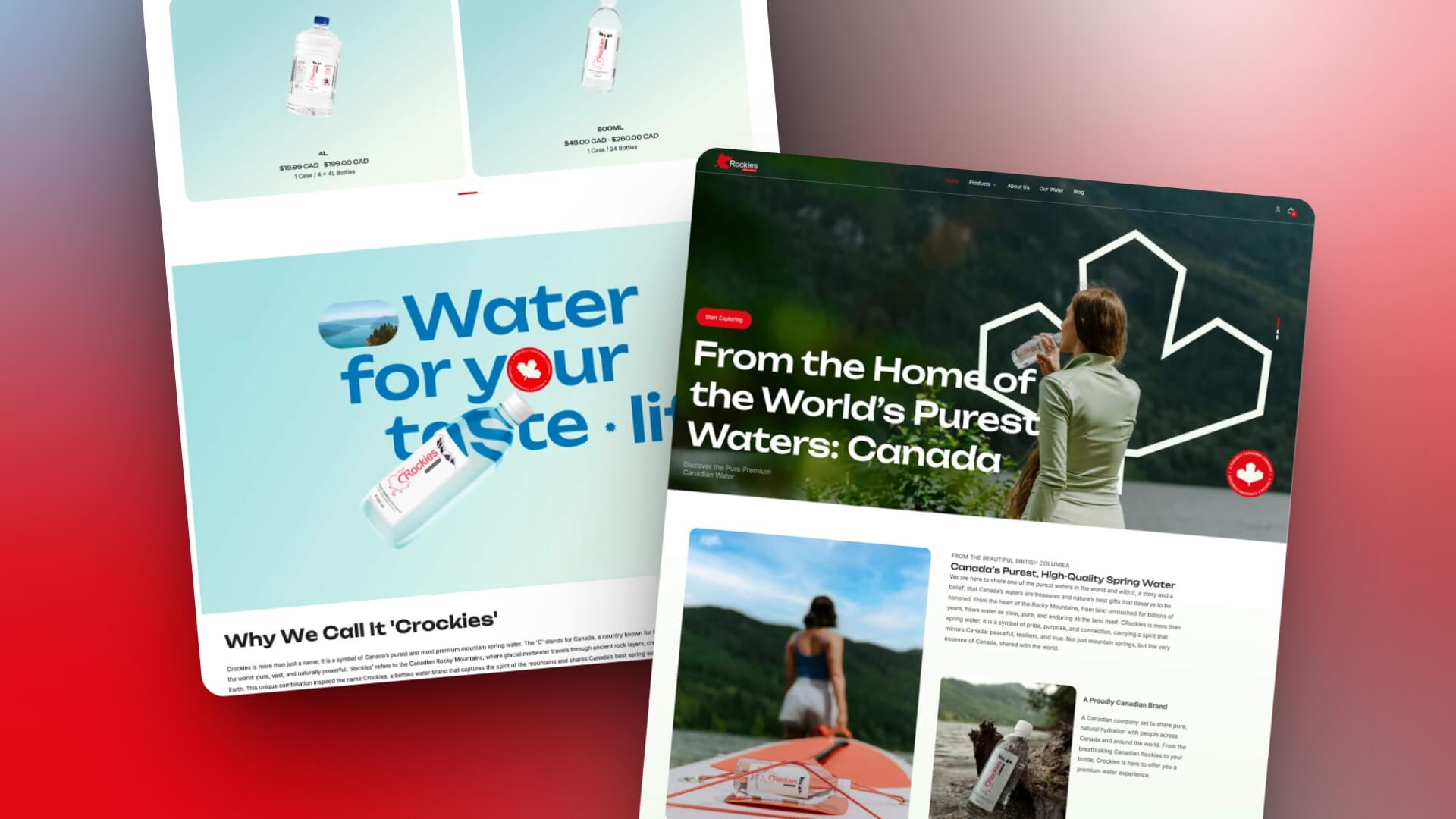 Webflow website design and branding for Crockies bottled water highlighting Canadian premium beverage identity.