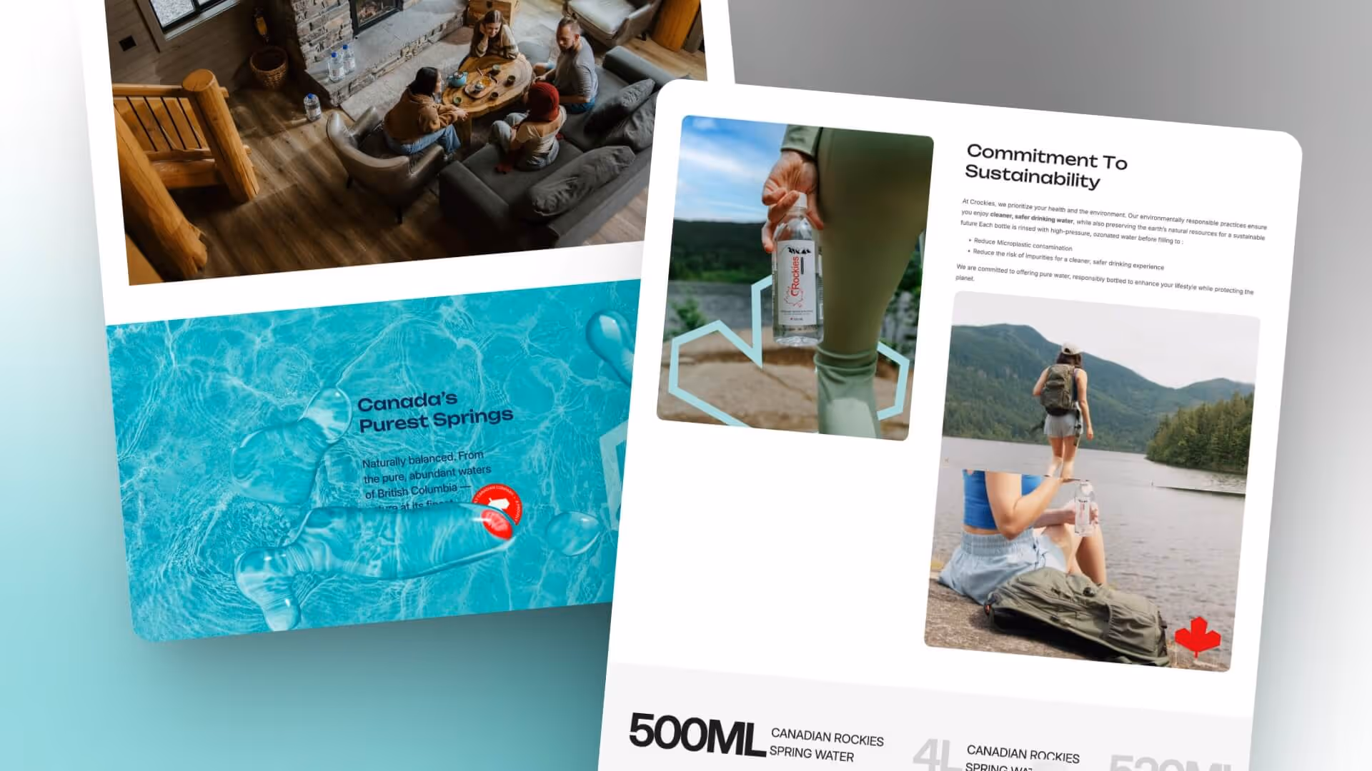 Shopify website design for Crockies showing video content, blog posts, and FAQs to support bottled water marketing.