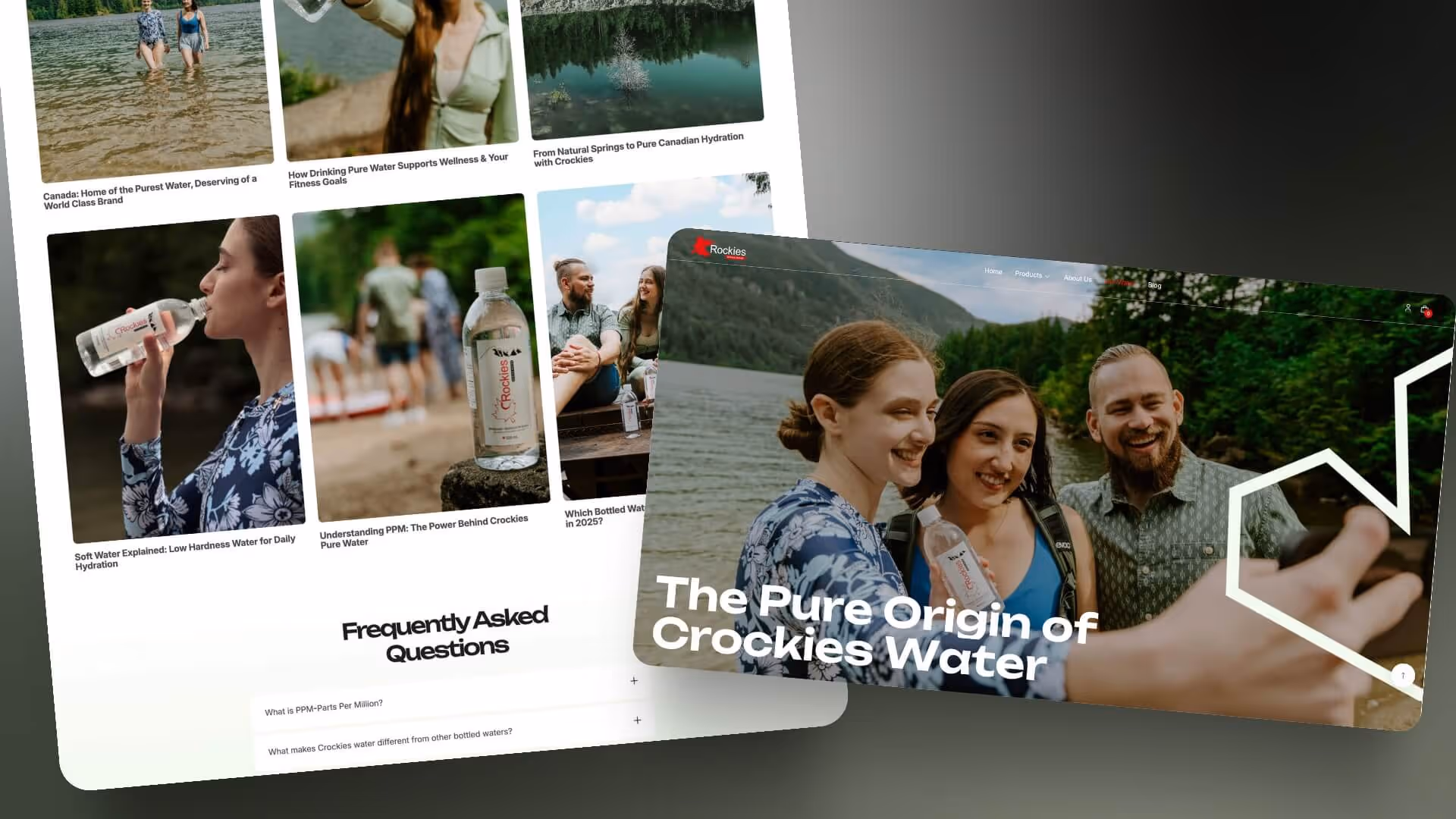 Lifestyle photography and branding visuals for Crockies bottled water featuring Canadian nature and sustainable packaging.