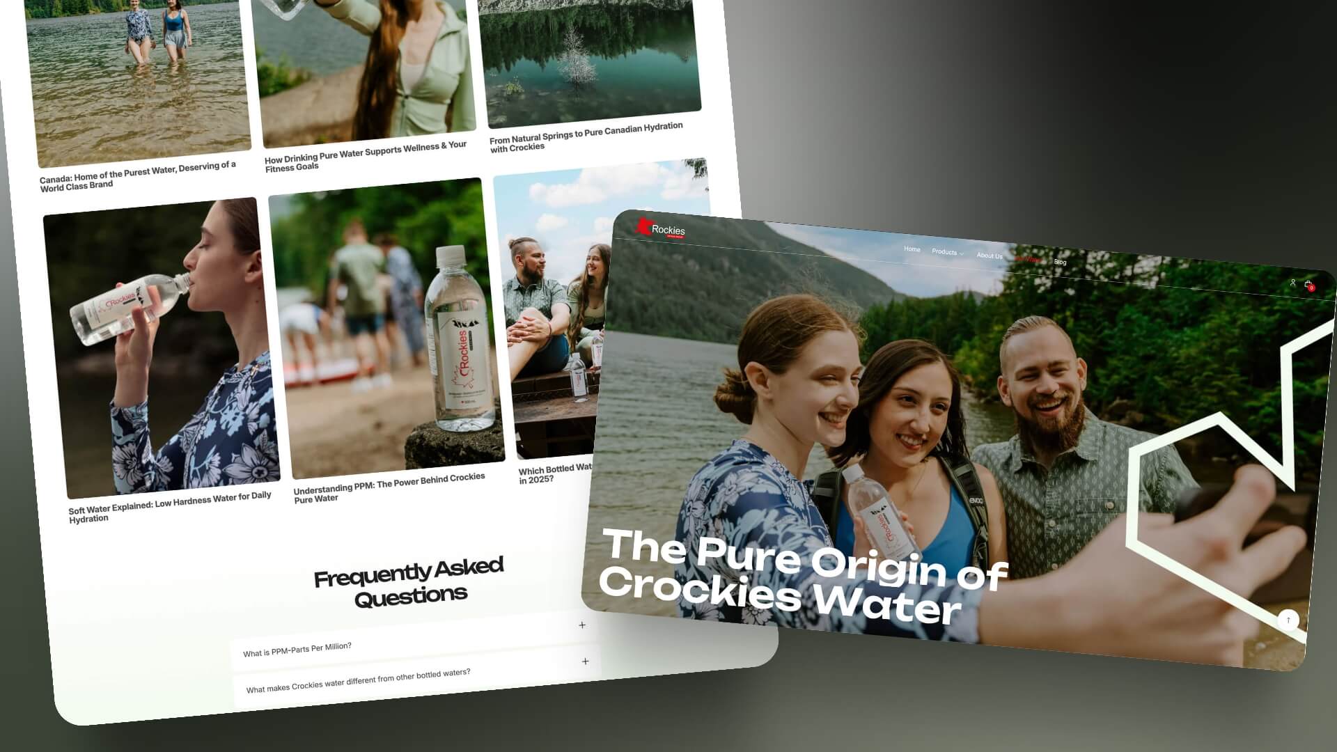 Lifestyle photography and branding visuals for Crockies bottled water featuring Canadian nature and sustainable packaging.