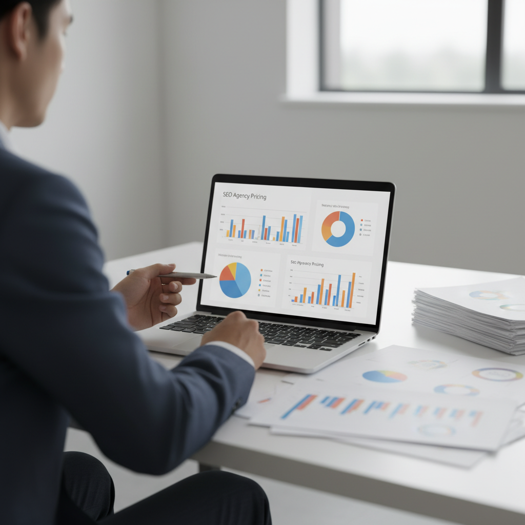 Professional reviewing SEO pricing and performance reports on a laptop and printed documents