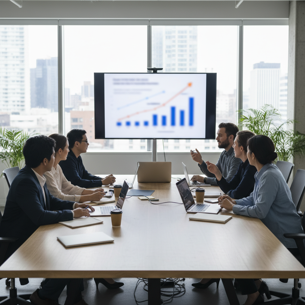 Marketing team collaborating around a table with SEO analytics on a large screen