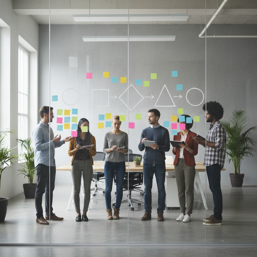 Colleagues standing around a glass wall with sticky notes and a framework diagram