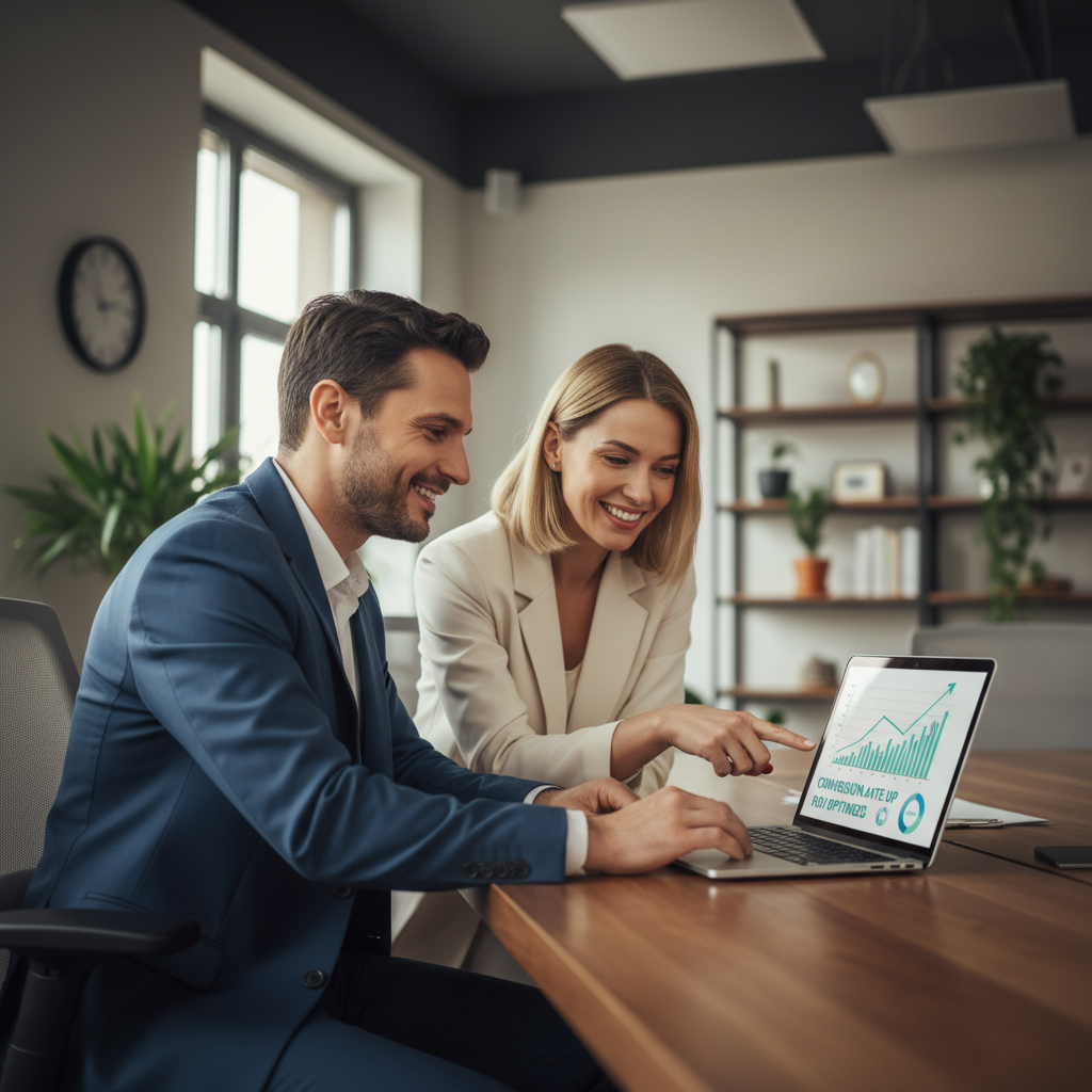 Two professionals reviewing a website performance dashboard showing improving conversion rates