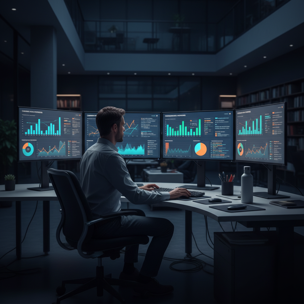 Digital marketing specialist monitoring performance marketing dashboards on multiple screens