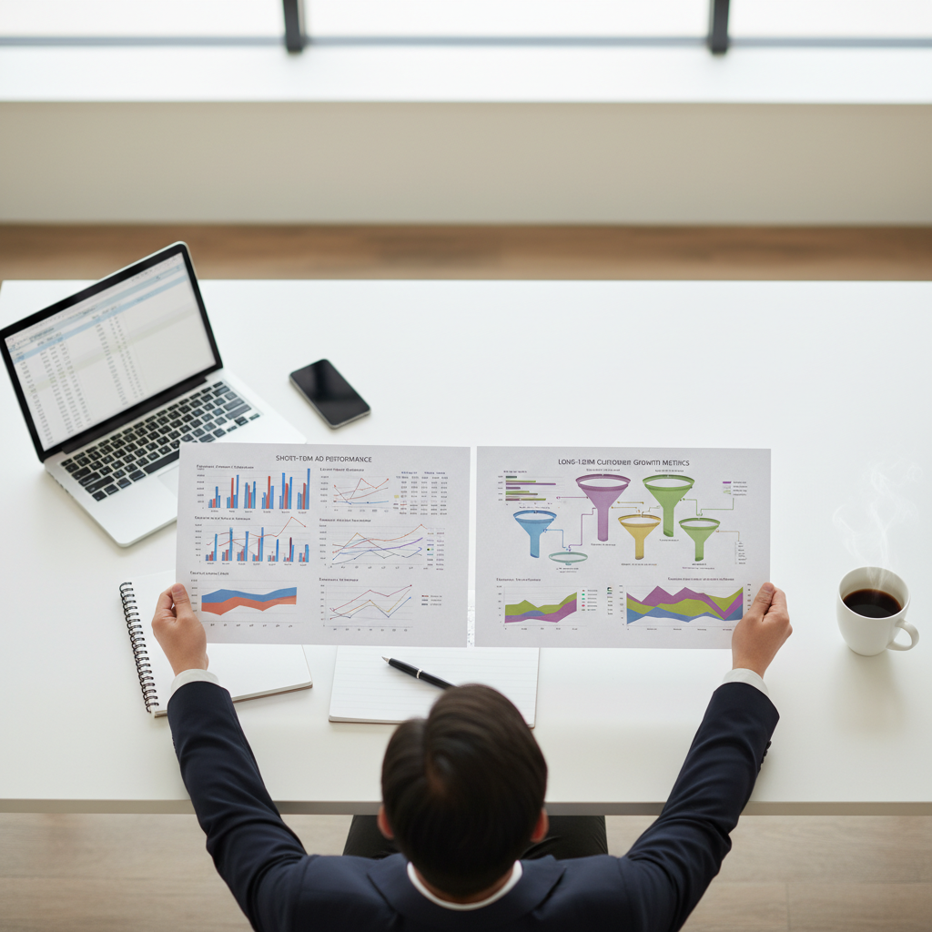 Overhead view of a marketer comparing short-term performance and long-term growth marketing dashboards