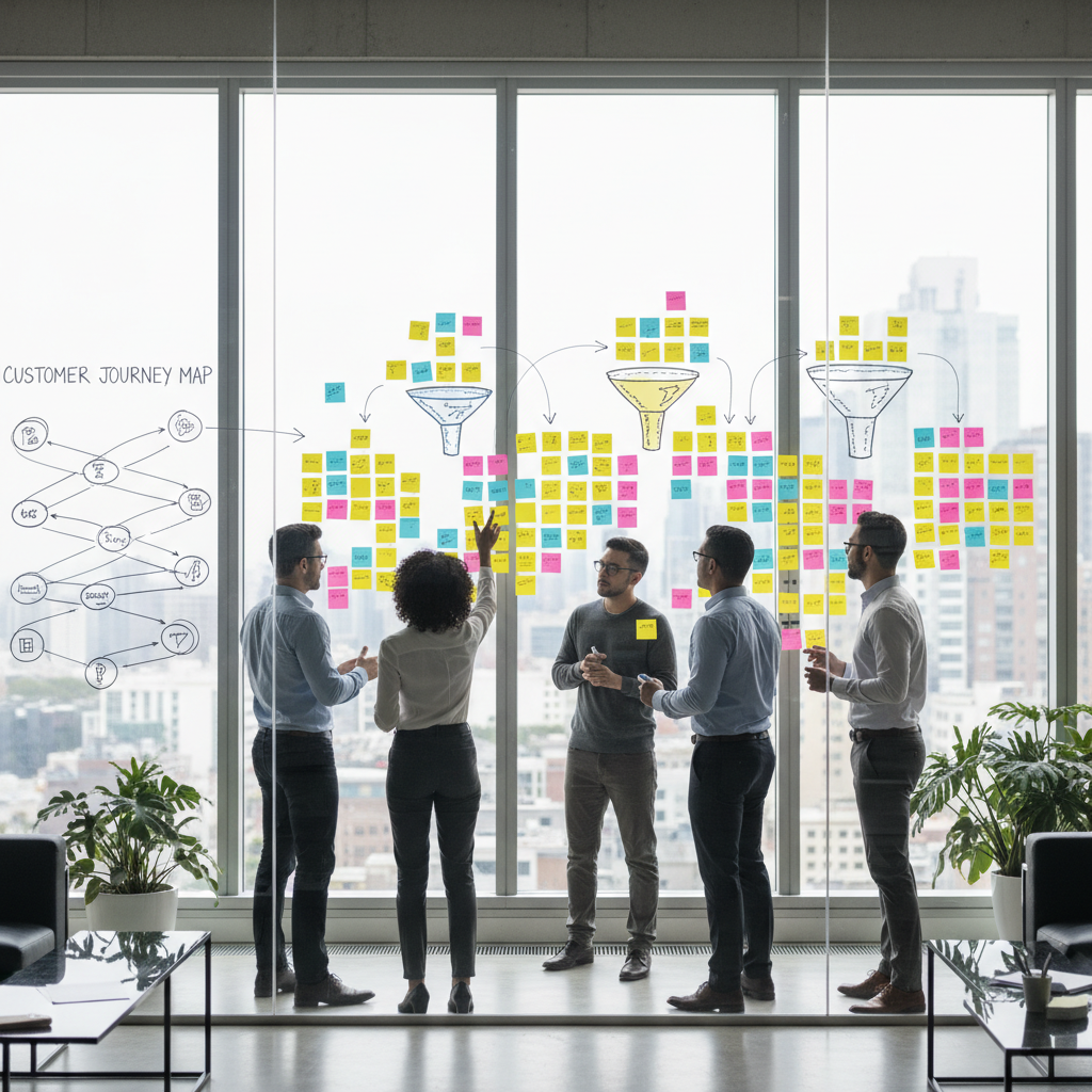 Marketing and product team mapping a customer journey to plan growth marketing experiments