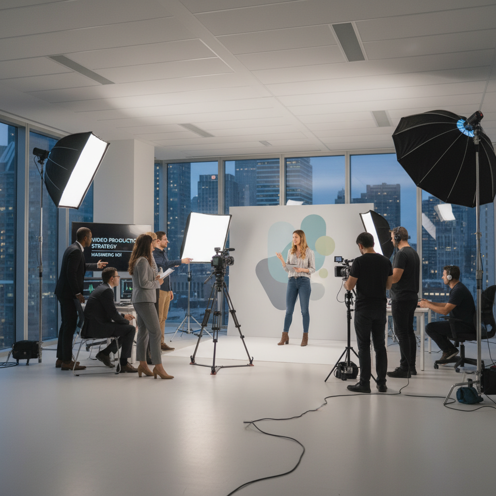 Corporate video production team filming a presenter in a modern office