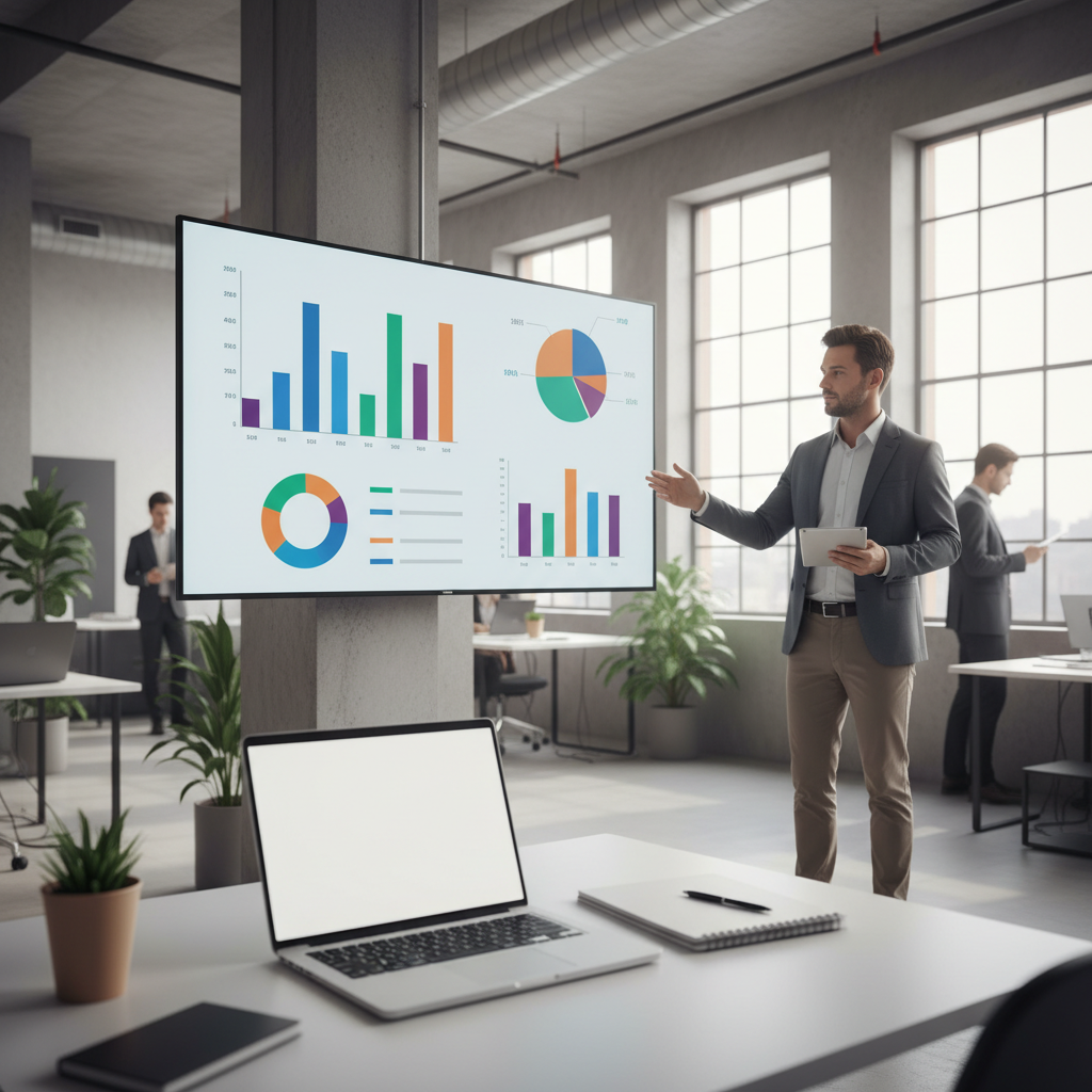 Marketing professional reviewing video performance charts on a large screen