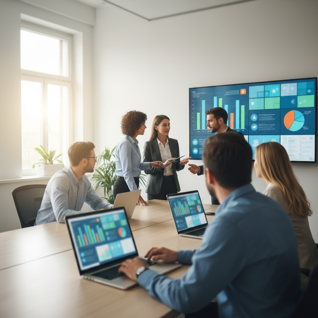 Marketing team reviewing social media analytics dashboards on screens in a modern office
