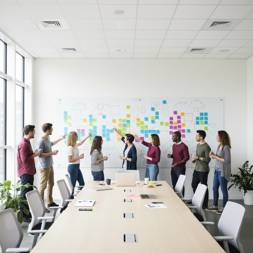 Team in a workshop standing around a whiteboard planning brand identity concepts