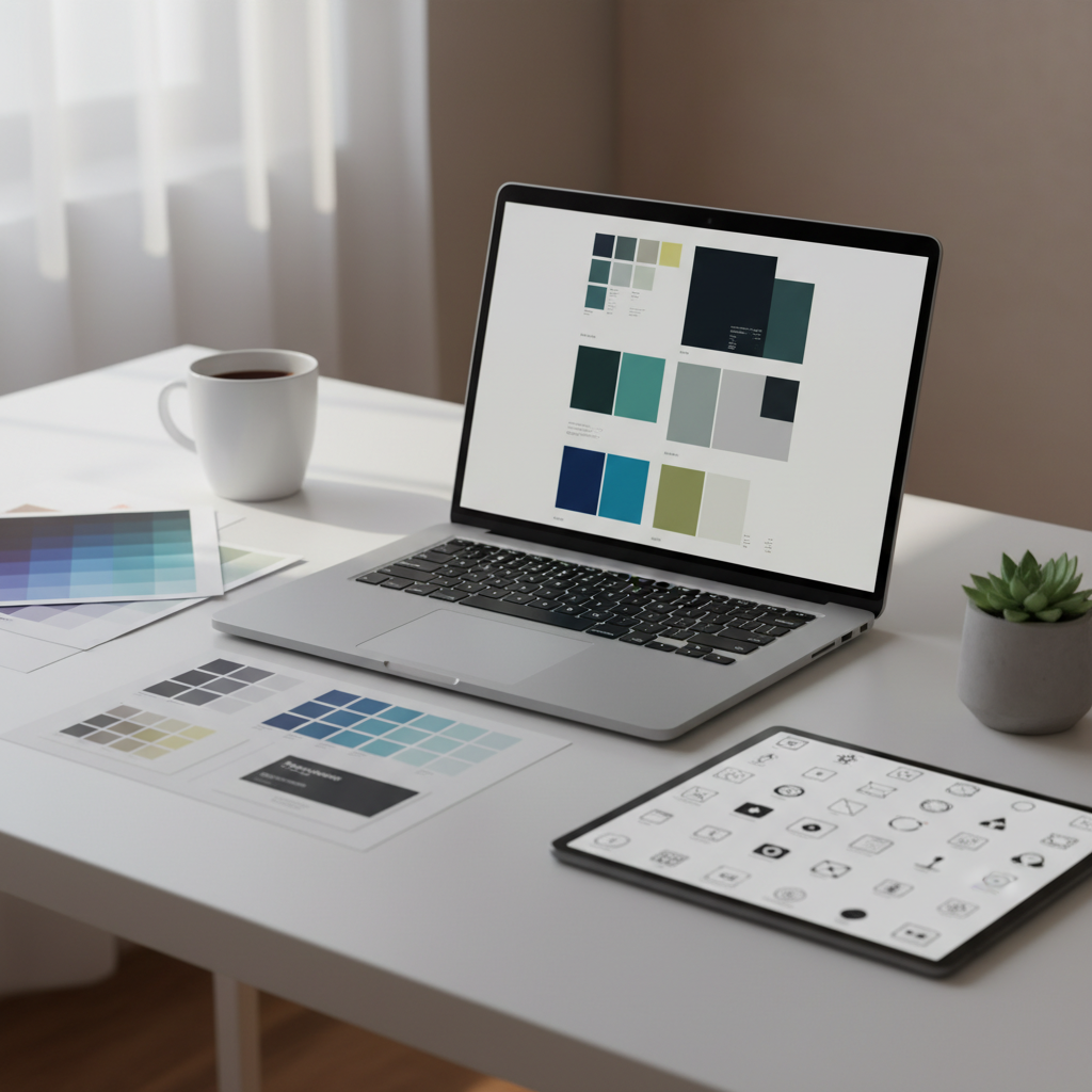 Desk with laptop and printed materials showing a brand identity style guide layout