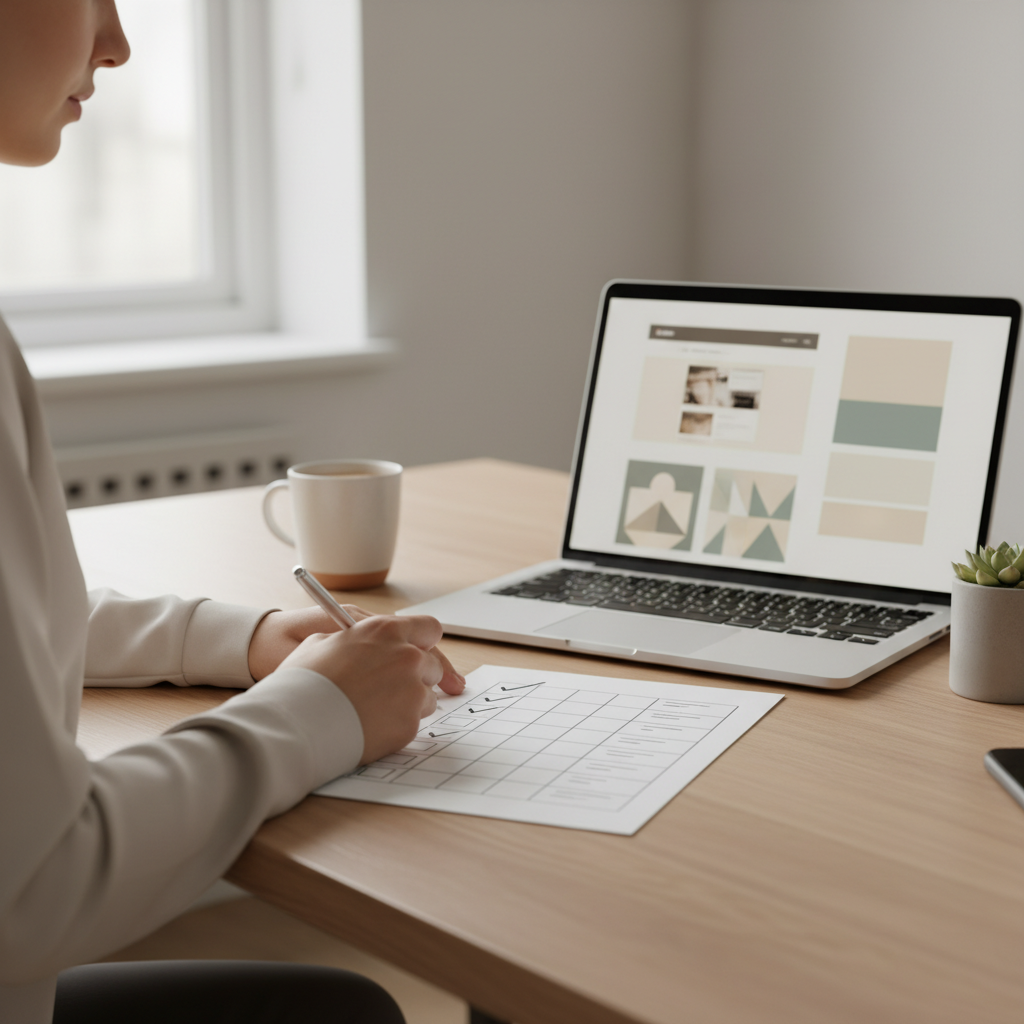 Marketer at a desk checking off items on a printed brand identity checklist