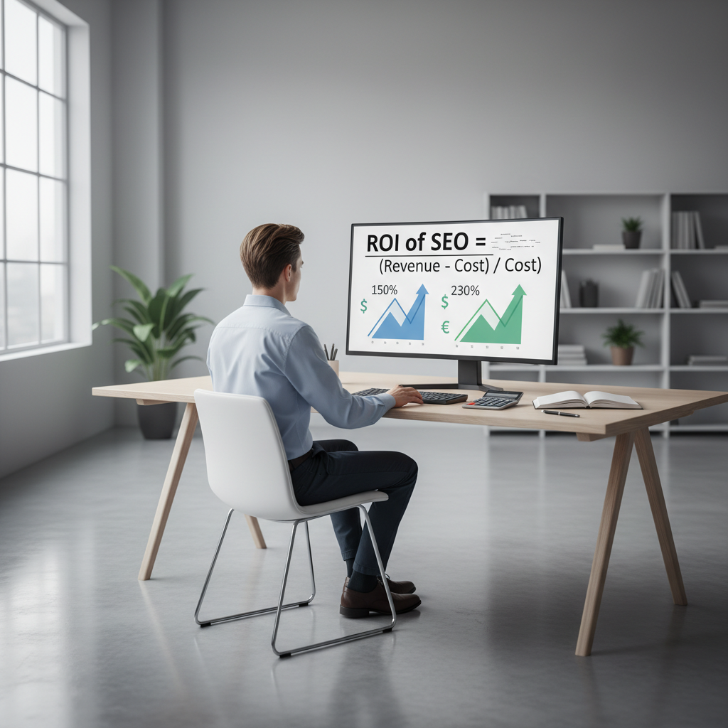 Marketing analyst reviewing SEO ROI calculations and analytics charts on a monitor