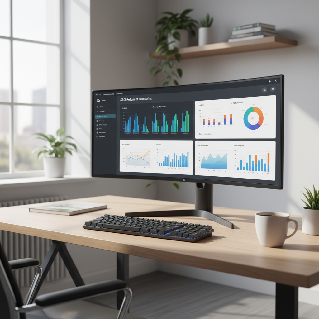 Desktop workstation displaying an SEO ROI report dashboard with multiple charts